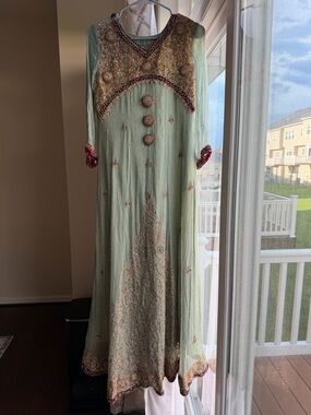 Handmade pure chiffon Embellished Mint Green Women's Dress Indian/pakistani